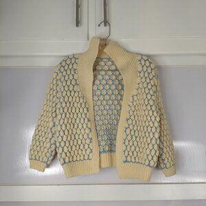 Handmade Hand Knit Beige Blue Bobble Knit Cardigan Open Front Youth Unisex